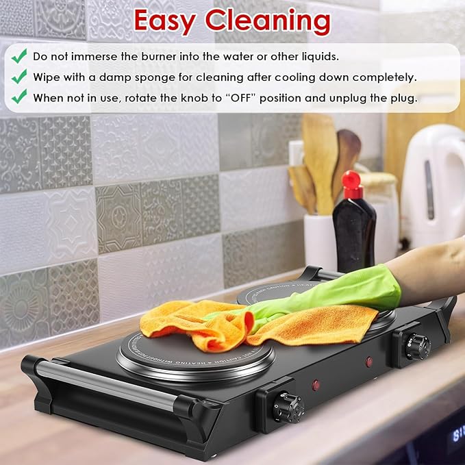1800W Electric Double Burner, Portable Electric Stove, Hot Plate Countertop with Adjustable Temperature & Stay Cool Handles for RV Camping Home Dorm