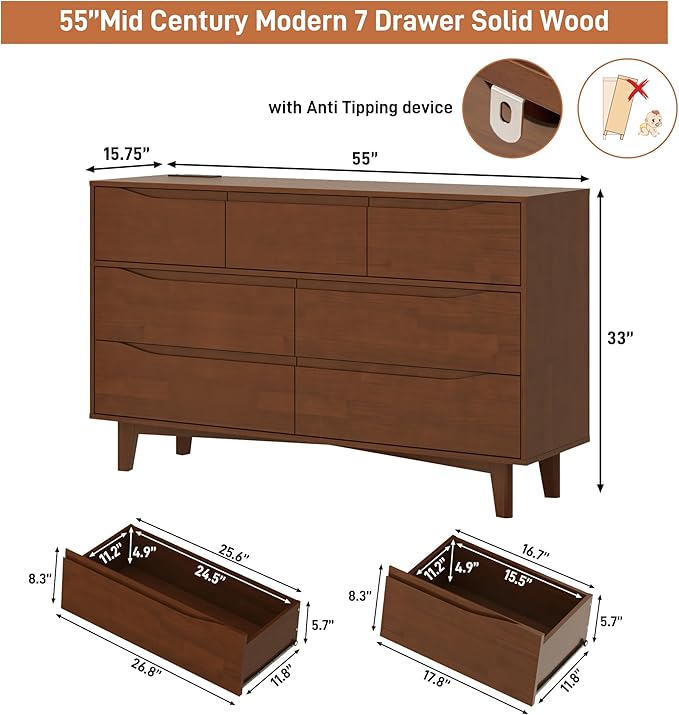 55”Solid Wood Drawers Dresser with Power Outlets, 7 Drawer Dresser for Bedroom, Mid Century Modern Vintage Large Chest of Dresser for Hallway, Entryway,Cutout Handle, Storage Essentials, Brown