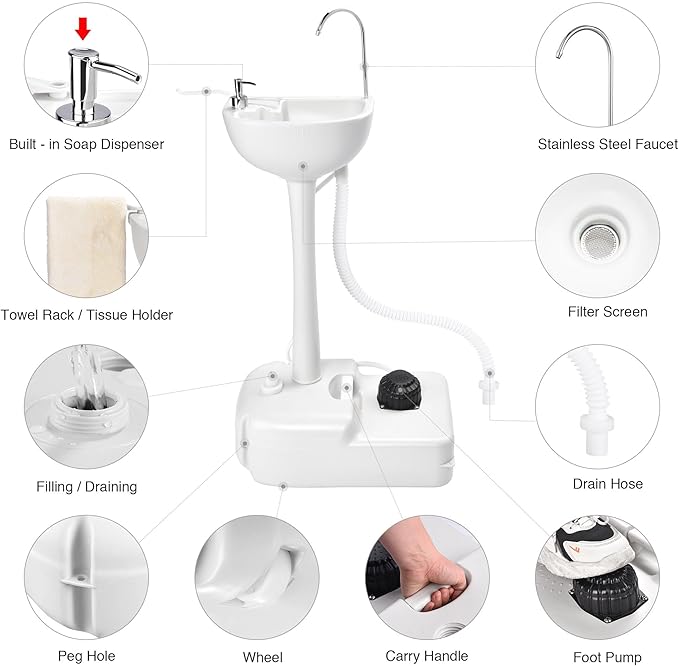 Yescom 17L Portable Sink Hand Wash Station with Pump & 2Pcs 24L Water Tank, Hand Washing Station for RV Travel Outdoor Camping Food Booth