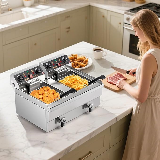ROVSUN 24.9QT Electric Deep Fryer w/Frying Baskets Timer Drains & Lids, Dual Tank Kitchen Countertop Commercial Frying Machine, Adjustable Temperature, for French Fries Donuts Onion Rings, 3400W 110V
