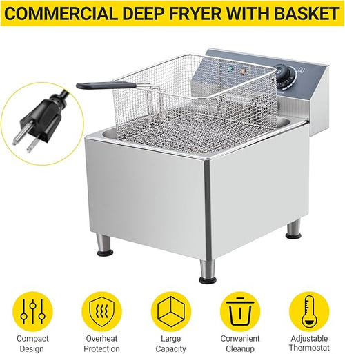 11L Commercial Deep Fryer | 201 Stainless Steel Electric Countertop Fryer with XL Basket | 1700W 110V for Restaurant & Home Use