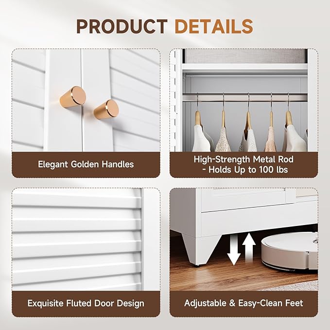 Letaya Metal Wardrobe Cabinets,71" Tall Armoire Wardrobe Closet with Fluted Doors and Shelves,Large Coat Closet Cabinet with Hanging Rod,Clothing Storage Cabinets for Home Room (White)