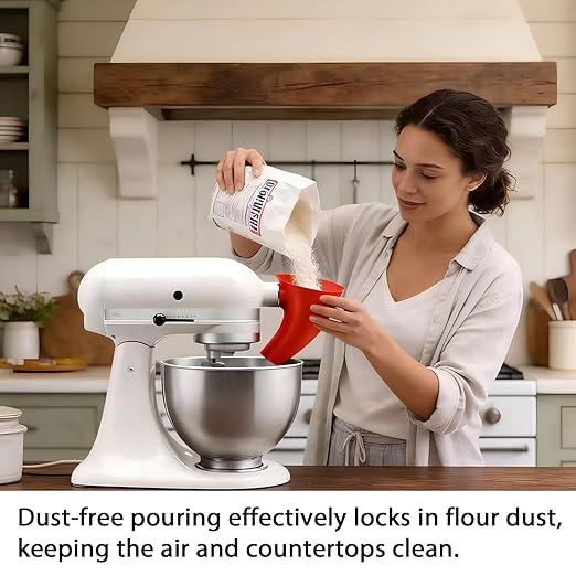 Flour Funnel for Kitchen Aid Mixer, Stand Mixer Attachment, No Mess Anti Spill Design for 4.5-5 Qt Tilt Head Dishwasher Safefor Normal Temperature Wash, Baking Tool (Red)