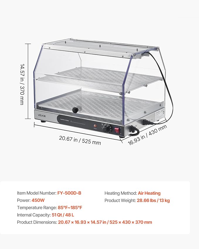 VEVOR 2-Tier Commercial Food Warmer Display, 450W Food Display Warmer with Light, Detachable Shelves and Double-Sided Door Design, 85℉~185℉ Air Heating, 48L for Hamburger, Pizza, Bread, Fried Chicken