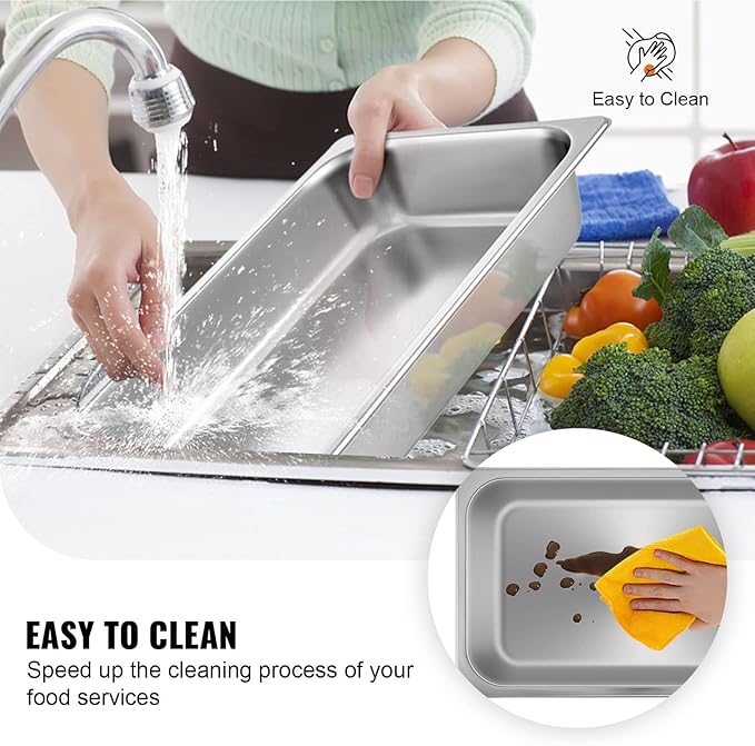VEVOR Hotel Pans Full Size 4-Inch Deep, Steam Table Pan 6 Pack,0.8mm Thick Stainless Steel Anti Jam Steam Table Pan for Home, Party, Restaurant, Hotel, Buffet