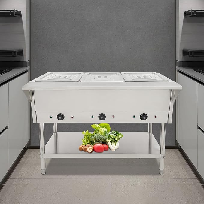 Commercial Electric Steam Table, 3-Pan Open Well Electric Stainless Steel Steam Table Food Warmer, Stainless Steel Steam Table, for Restaurant