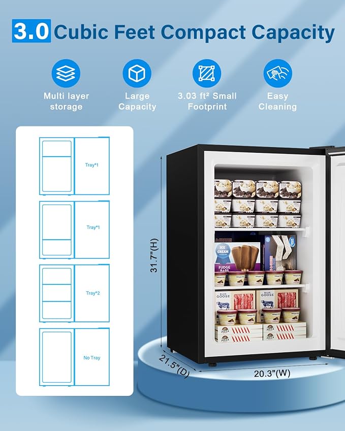 3.0 Cu.ft Upright Freezer - Compact Mini Freezer with 7 Adjustable Thermostat, Removable Shelves, Reversible Single Door, 360°Uniform Cooling Small freezer for Home Office Kitchen Dorm, Black
