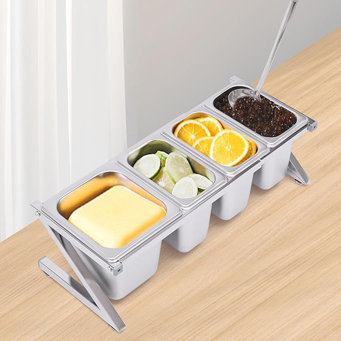 Pizza Topping Station with 4 Pans& Lids, Stainless Steel Food Container Pans Condiment Dispenser Countertop Spice Rack Organizer Shelf Holder for Seasoning Sauce Salad Jam Fruits Ingredients