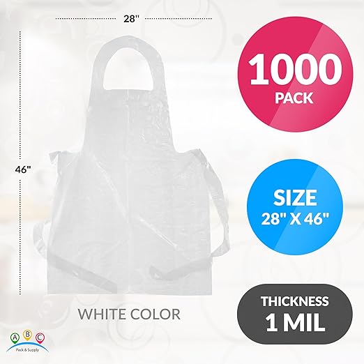 ABC PACK & SUPPLY White Plastic Disposable Aprons Adults for Painting, 28 x 46 Inches. Pack of 1000 Disposable Plastic Aprons, 1 Mil. Unisex Waterproof Polyethylene Painting Apron for Food Industry