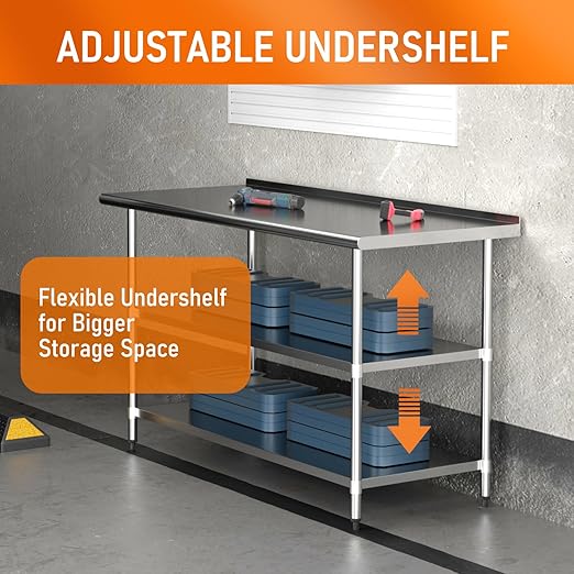 Stainless Steel Table 24" x 60" with 2 Adjustable Undershelves and Backsplash, Commercial Metal Workstations for Kitchen, Garage, Outdoor BBQ