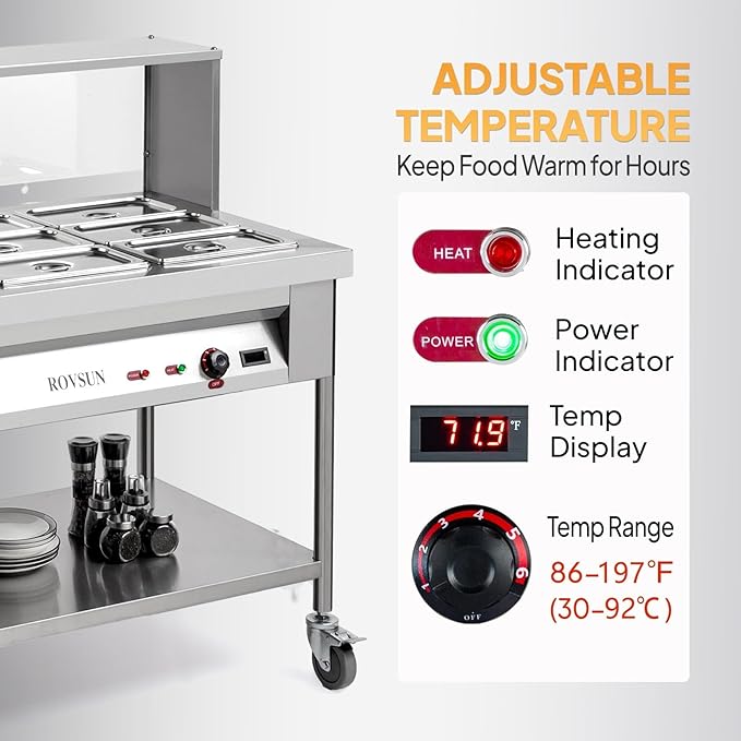 ROVSUN 96QT 1500W Electric Commercial Food Warmer, 12-Pan Steam Table 8QT/Pan Stainless Steel Bain Marie w/Acrylic Shield Overshelf Undershelf Temperature Control & Lid for Buffet Restaurant 110V