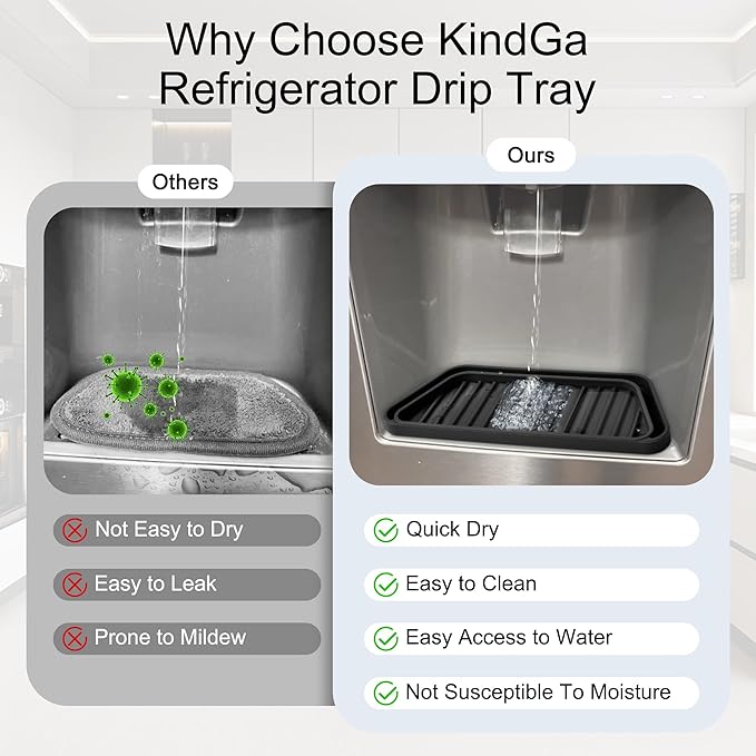 KindGa Refrigerator Drip Catcher Tray,Protector Ice and Water Dispenser Pan,Fridge Spills Water Pad Catch Basin for Drainage 2 Pack (Rectangular,Black)