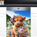 Dishwasher Magnet Cover Flower Highland Cow Cute Dishwasher Decorative Cover Front Dishwasher Door Cover Reuseable Dishwasher Cover Panel Decal for Kitchen Refrigerator Home Appliances 23" X 26"