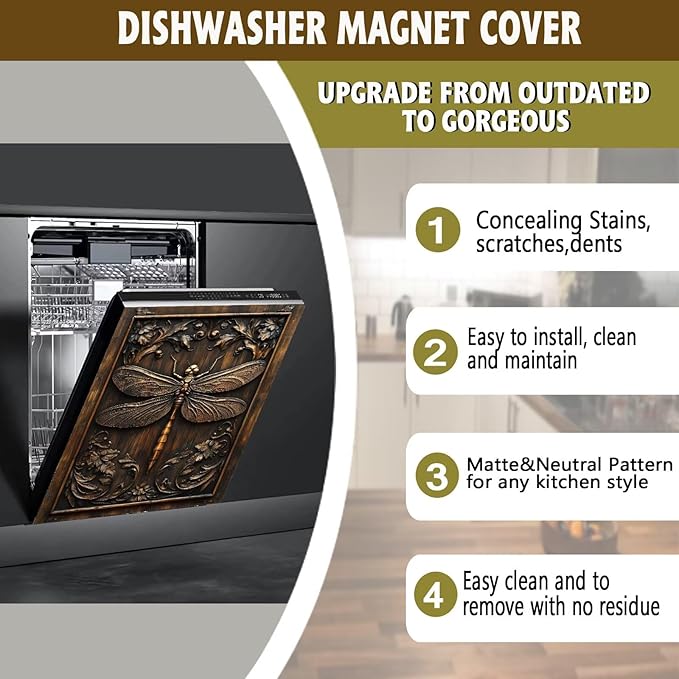 Farmhouse Dragonfly Dishwasher Magnet Cover,Vintage Dragonfly Wood Floral Magnetic Dishwasher Cover Vinyl Sticker,Fridge Door Cover Magnets Art Skin Panel Decal,Home Decor Decal,23"X26"