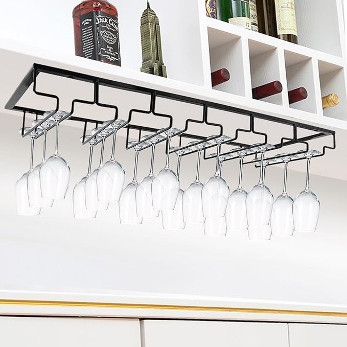 MOCOUM Wine Glasses Rack Under Cabinet Stemware Rack,Wine Glass Hanger Rack Wire Wine Glass Holder Storage Hanger for Cabinet Kitchen Bar (Black, 6 Rows 1 Pack)