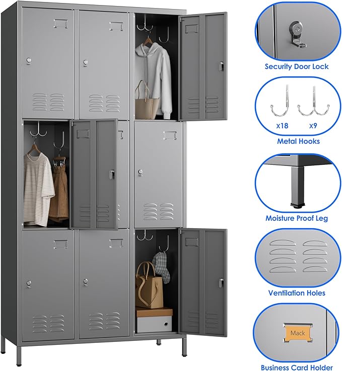 METAN Metal Locker for School Office Gym Bedroom,9 Doors Steel Storage Lockers Cabinet for Employees,Industrial Storage with Padlock,Assembly Required,Dark Gray
