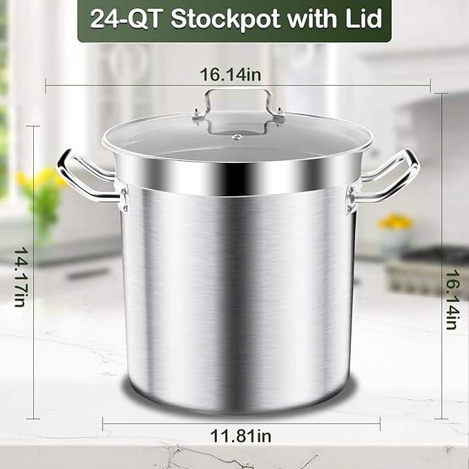 Stainless Steel Stock Pot-24QT Heavy Duty Induction Cooking Pot with Visible Lid, Commercial Grade Stock Pot & Stockpots for Boiling Cooking Soup Stew Canning Cooking Pots, Deep Cookware, Big Stockpot
