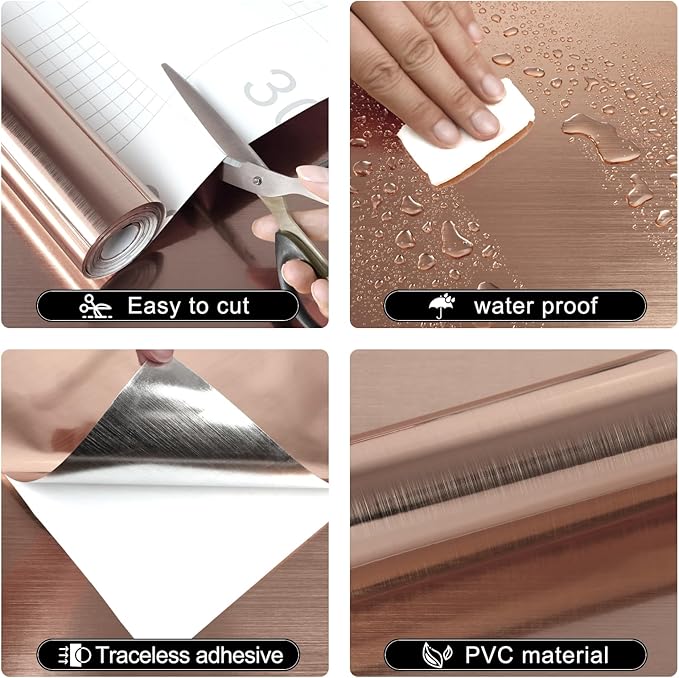 Rose Gold Metallic Contact Paper Peel and Stick Countertop Contact Paper Self-Adhesive Waterproof DIY Decor Wallpaper for Kitchen Backsplash Fridge and Cabinets11.8 x80