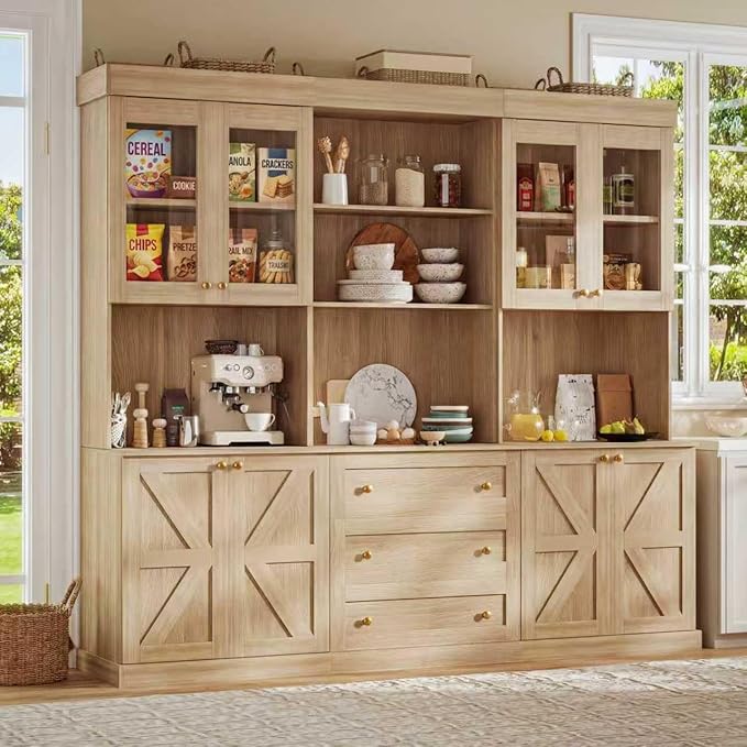71" Farmhouse Kitchen Pantry, Rustic Brown Coffee Bar Hutch with Microwave Stand, Glass Door Storage Cabinet with Drawers and Adjustable Shelves for Kitchen or Living Room, Set of 3