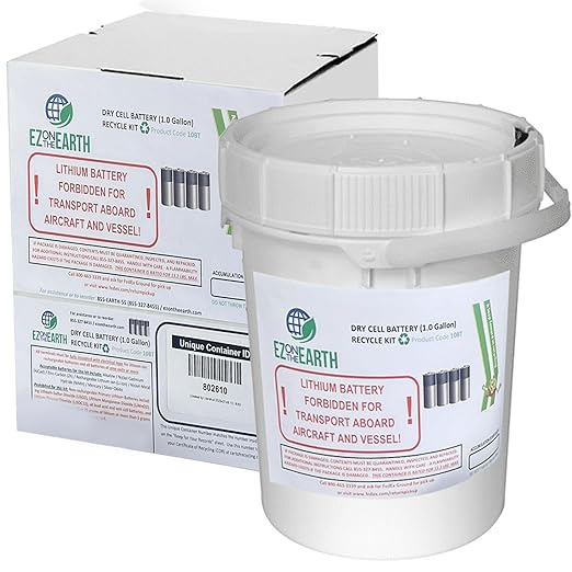 Dry Cell Battery Recycling Container Kit - 1 Gallon Battery Recycling Pail - Pre-Paid/Mail-Back Recycle kit That Holds up to 13.2 lbs Batteries - Recycling Pail with Cardboard Box