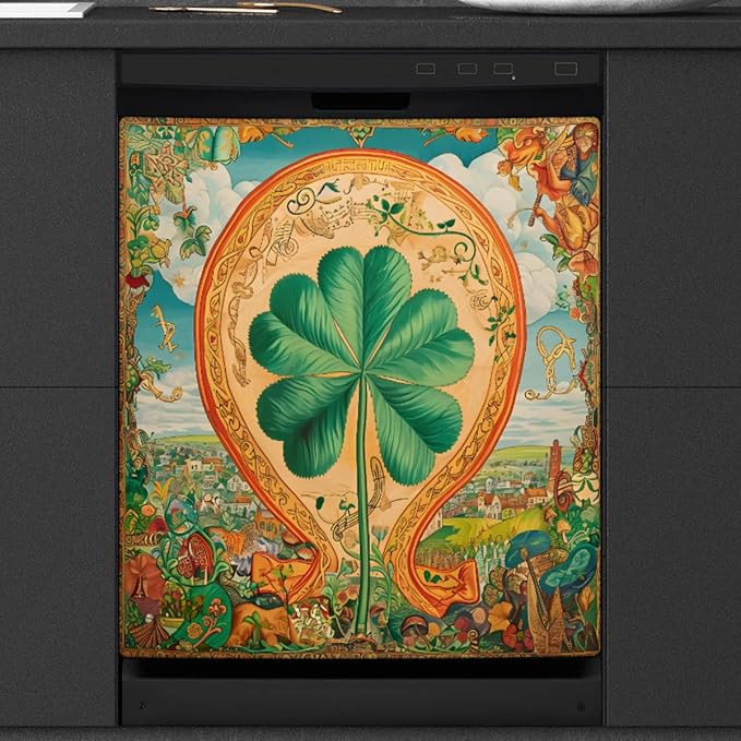 Clover Floral Vintage Colorful Dishwasher Magnet Cover, Reusable Refrigerator Panel Stickers Microwave Front Door Covers Magnets for Kitchen Home Appliances Holiday Party Decorations 23 X 26 in