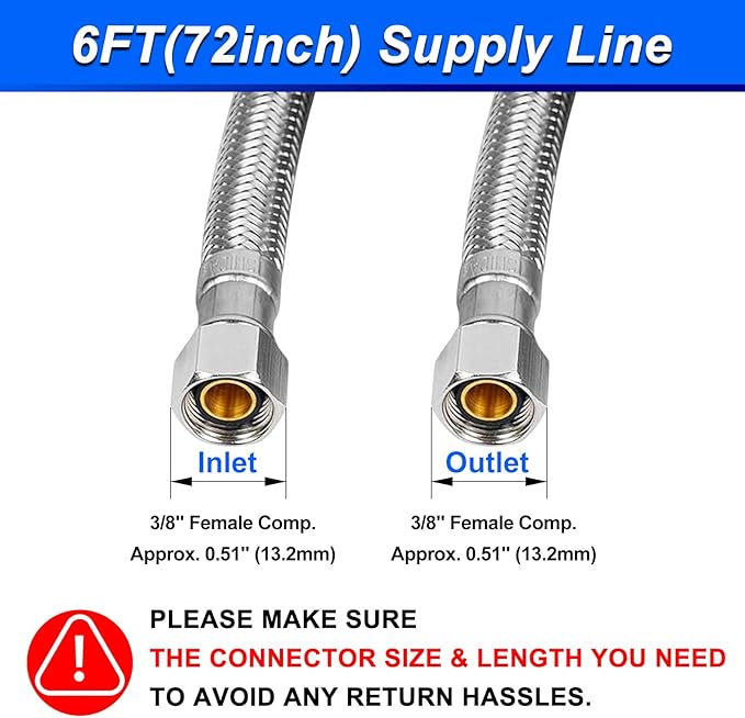 6FT Stainless Steel Braided Water Supply Line for Dishwasher, Brass 3/8 Inch Compression x 3/8 Inch Compression Connections, Food Grade PEX Inner Tube Water Hose