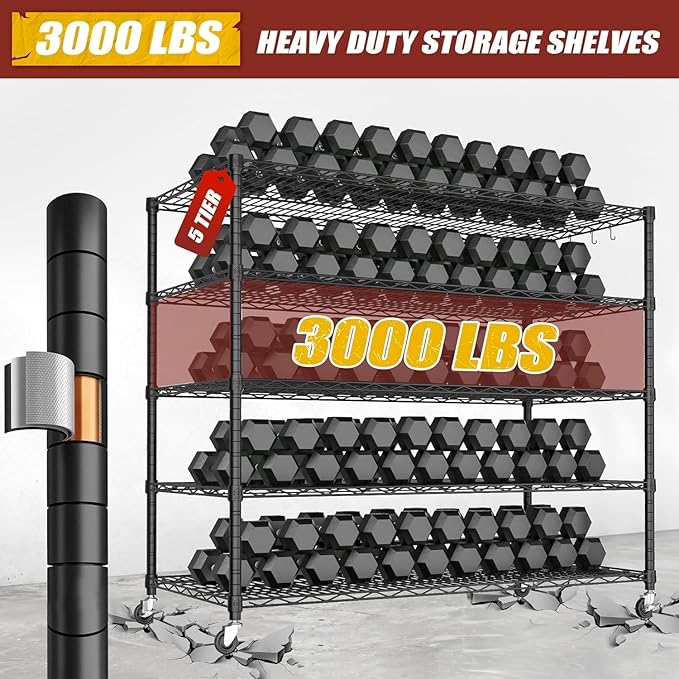 PrimeZone 5 Tier 80.7" H x 55.5" W x 24" D Wire Shelving with Wheels 3000lbs NSF Certified Storage Shelves Heavy Duty Metal Shelf Adjustable Rolling Rack Commercial Garage Restaurant Warehouse 8Pack