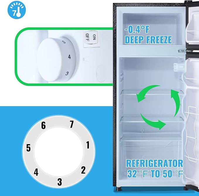 4.5 Cubic Feet Double Door Fridge with Top Freezer Large Capacity Refrigerator with 7 Temperature Control & 3 Removable Shelves Black