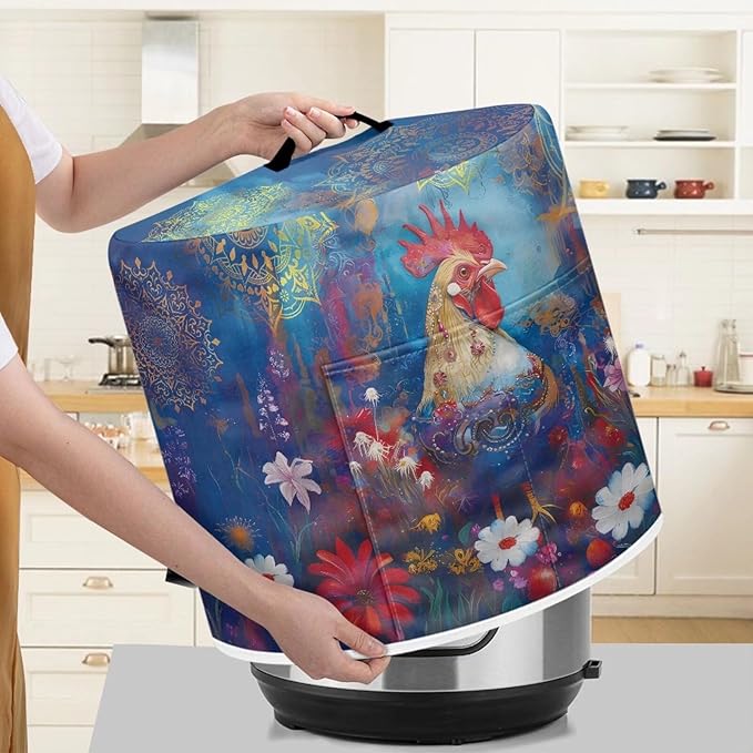 Rooster Flower Print Dust Cover for 6 Quart Instant Pot and Extra Accessories, Dust Proof Easy to Clean Pressure Cooker Cover Electric Appliance Cover Air Fryer Accessories with Pocket