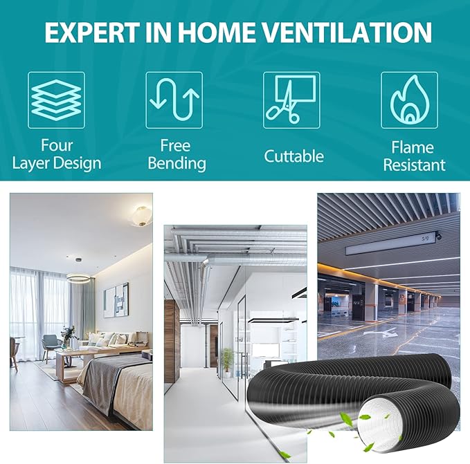 HG Power 6 Inch Flexible Vent Hose, 32 Feet Flexible Aluminum Air Ducting, Three Layer Protection Dryer Hose with 2 Clamps for HVAC Ventilation Heating Cooling Exhaust
