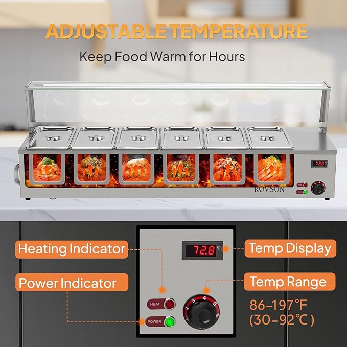 ROVSUN 48QT 1500W Electric Commercial Food Warmer, 6-Pan Steam Table 8QT/Pan Stainless Steel Bain Marie Countertop w/Acrylic Shield Temperature Control & Lid for Buffet Restaurant 110V