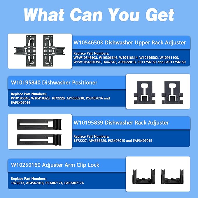 Upgraded WPW10546503 Dishwasher Top Rack Adjuster Compatible with Kitcheneaid Dishwasher Parts Upper Rack, Includes W10546503 W10195840 W10195839 W10250160 Part for Whirlpool kenmore Dishwasher, 8 PCS