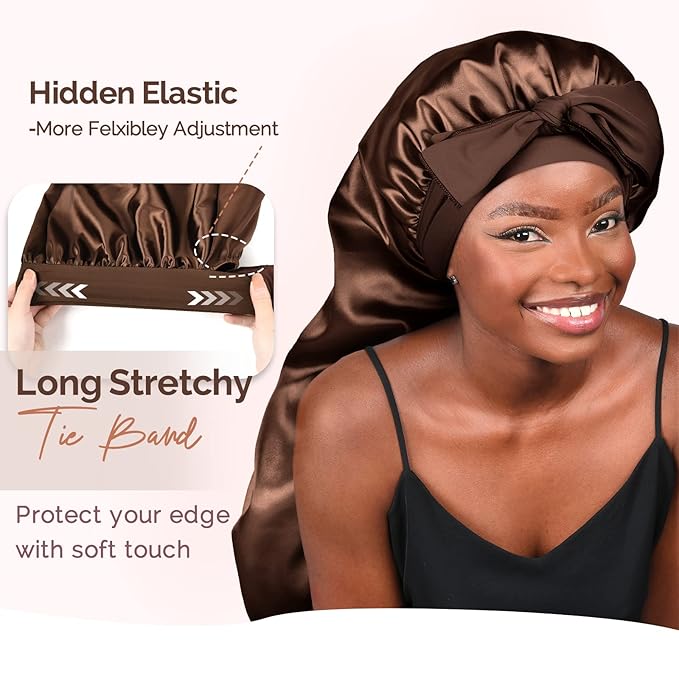 YANIBEST Long Bonnet Satin Bonnet for Sleeping Braid Bonnet with Tie Band Silk Sleep Bonnet for Women Locs Brown