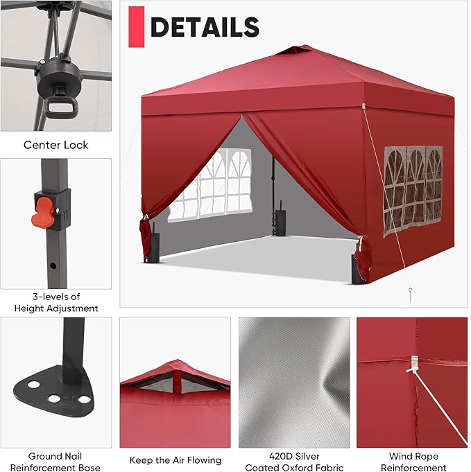 Saemoza 12x12 Pop Up Canopy Tent with One Push Setup, Portable Sun Shade Tent, Instant Easy Up Canopy with 4-Sidewalls & Wheeled Bag, Outdoor Fldable Gazebo with Vent Top, Red.