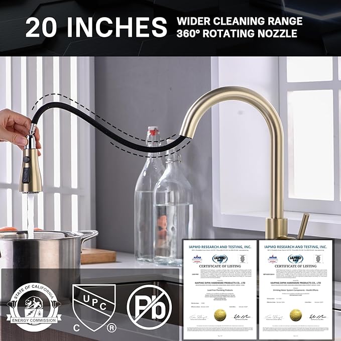 WEWE Gold Kitchen Faucet with Pull Down Sprayer, Single Handle Brushed Gold Kitchen Sink Faucets Stainless Steel Brass Copper Commercial RV 1 or 3 Hole, Champagne Bronze