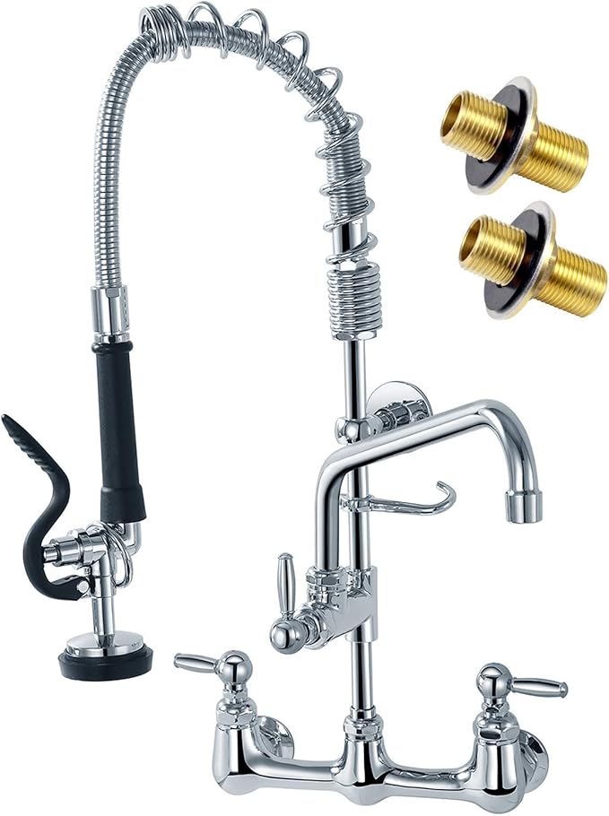 Commercial Sink Faucet with Sprayer, Wall Mount, 12' Swing Spout, 8 Adjustable Center, 25' Height for Restaurant Compartment Sink, Industrial, Chrome