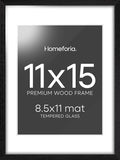 Homeforia 11x15 Picture Frame Black Wood, High End Oak 11x15 Poster Frames with Mat 8.5x11, 11 x 15 Wooden Frames Matted to 8.5 x 11 inch Photo, 15x11 Hanging Frame, Tempered Glass, Wall Kit, Set of 1