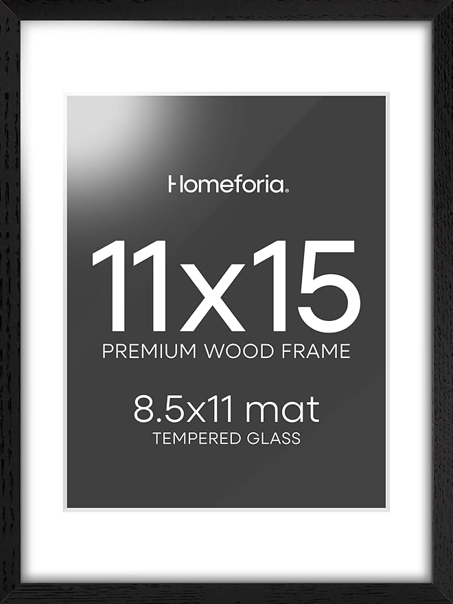 Homeforia 11x15 Picture Frame Black Wood, High End Oak 11x15 Poster Frames with Mat 8.5x11, 11 x 15 Wooden Frames Matted to 8.5 x 11 inch Photo, 15x11 Hanging Frame, Tempered Glass, Wall Kit, Set of 1