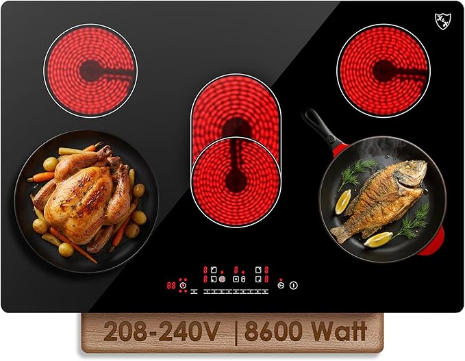 K&H 4 Burner Electric Cooktop - 24 Inch Built-In Radiant Ceramic Stove Top - 9 Power Levels & Touch Control, Compatible with All Cookware, 240V, 8600W High-Power Built-in Electric Stove, CE24-7206SL