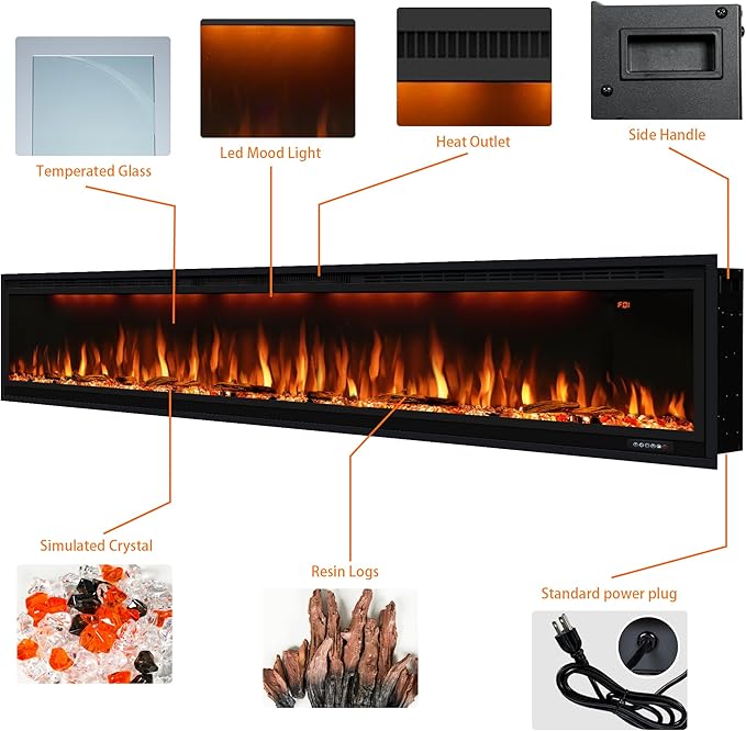 100 inch Smart Electric Fireplace, Wall Mounted Fireplace Insert for Living Room, Realistic Flame Fire w/Multicolor, Large Linear Fireplace Recessed in Wall, Black (100")