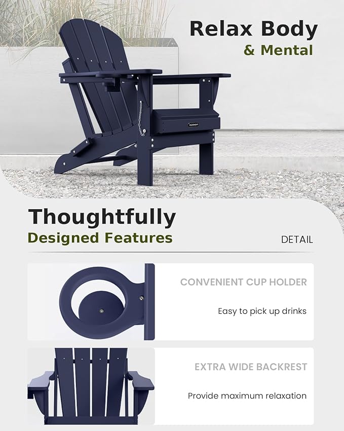 MUCHENGHY Folding Adirondack Chairs Set of 4, Patio & Outdoor Chairs, Plastic Weather Resistant with Cup Holder for Deck, Backyard, Garden (Dark Navy Blue)