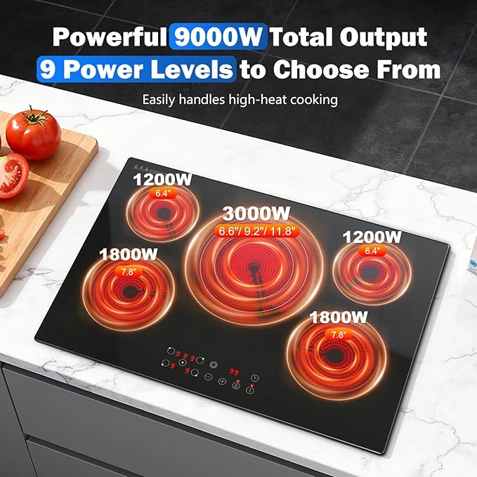 SNDOAS Electric Cooktop 30 inch,9000W 5-Burner Built-in Electric Stove Top with Ceramic Glass & 9 Power Levels,240V Hardwired,Child Lock & Overheat Protection,30" for Standard Countertop Cutout