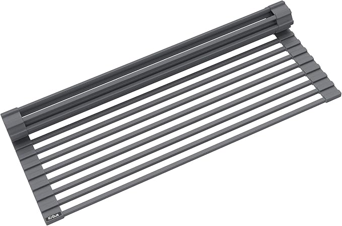 Kraus Multipurpose Over-Sink Roll-Up Dish Drying Rack, Colander and Trivet in Dark Grey, KRM-10DG