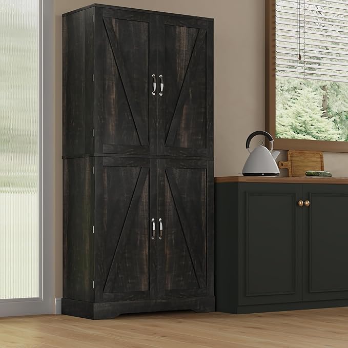 72" Kitchen Pantry Storage Cabinet, Farmhouse Pantry Cabinet with 8 Hanging Rack Shelves & 3 Pull-Out Racks, Pantry Storage Cabinet, Freestanding Cupboard for Kitchen, Dining Room, Oak