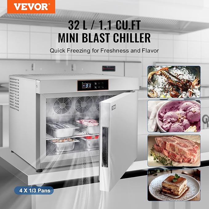 VEVOR 32L Blast Freezer, 4 Trays Commercial Freezers Flash,<-31~68°F> Mini Countertop Shock Frozen for Home, 360° Fan Cooling Batch Freeze, 304 Stainless Steel Blast Chiller for Seafood, Ice Cream