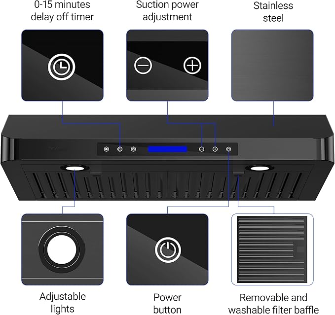 EKON 36 Black inches Under Cabinet Range Hood, 900 CFM Stainless Steel Kitchen Chimney Vent, 4 Speed Touch Screen Control With Remote 2Pcs 3W LED lights Dishwasher-safe Filters Fan Timer