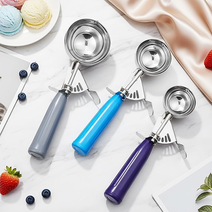 3 Pcs Release Cookie Scoops Ice Cream Scooper with Trigger Release Portion Scoop Stainless Steel for Portion Control, Baking Food, Cookie Dough (4 Oz+2 Oz+1 oz,Gray,Blue,Purple)