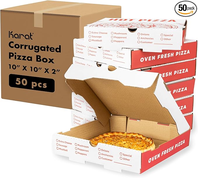 Karat Pizza Boxes 10" x 10" [50 Pack] Classic Red Print Corrugated Boxes | Ventilated, Grease-Resistant, Durable for Pizza or Mailing Use