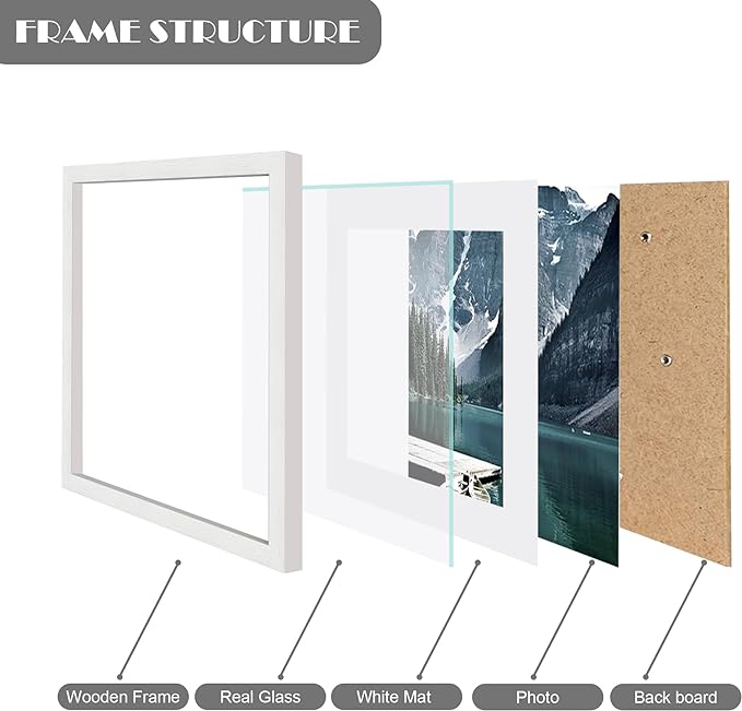 12x12 White Picture Frame set of 3, Made of Real Glass and Wooden Square Photo frame - Displays Picture 8x8 With Mat or 12 x 12 Without Mat, Desktop & Wall Collage Photo Frame