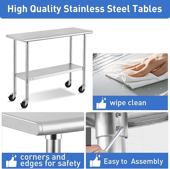 ROCKPOINT Stainless Steel Table for Prep & Work with Caster Wheels 18x48 Inches, NSF Metal Commercial Kitchen Heavy Duty Table with Adjustable Under Shelf and Table Foot for Restaurant, Home and Hotel